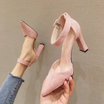 femei de moda pantofi cu tocuri înalte de piele de căprioară superficial gura țuguiată sexy show subțire un cuvânt catarama singur pantof tocuri inalte Crescut