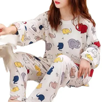 2 buc/Set Chic pentru Femei Set de Pijama O Gât Poliester Feminin Pijamale Casual de Primavara Toamna Femei Pijama Set