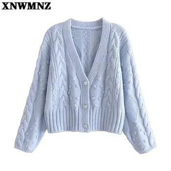 XNWMNZ 2021 Femei Toamna Moda bijuterii costum butonul tricot pulover v-neck mâneci lungi buton-up de sex feminin cu dungi cardigan