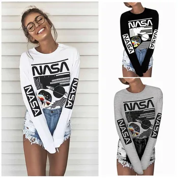 De primăvară de Moda Toamna Planeta Model de Imprimare Womem e Camasi Casual Vrac Solid O Gatului Maneca Lunga Femei T Shirt Tricou Basic Topuri