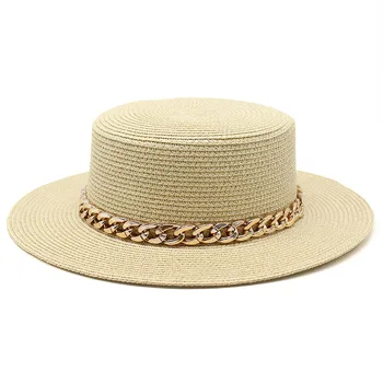 4buc de Vara Pălărie de Paie Cu Lanț Femeile Omul de Plajă, Pălării de Soare Femei Top Plat Capac Femei Bărbați Capace Fete palarie de soare Doamnelor pălării de soare