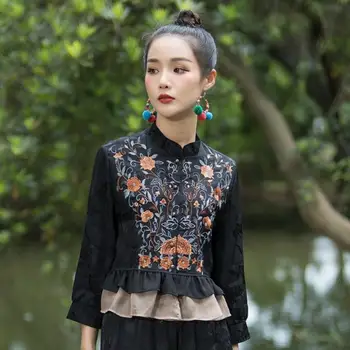 2022 național de broderie flori blana scurta femei chineză stil vintage bluza vrac tradiționale jacquard satin tang sacou costum