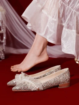 Zilnic Pantofi de Nunta, Pantofi de Cristal Principal Mireasa Pantofi Femei 2021 Nou cu fund Plat de Logodna Pantofi franceză Perla Pantofi