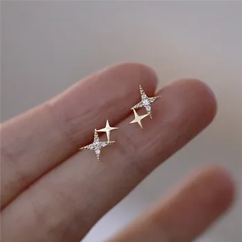 Argint 925 Japoneză Micro Incrustate cu Cristale de Patru Stele a Subliniat Placare cu Aur de 14k Cercei Femei Mici Drăguț Banchet Bijuterii