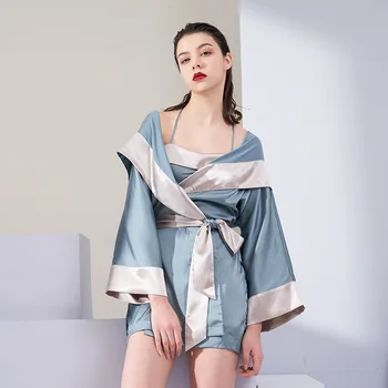 Primavara-Vara Rochie Sexy Retro Matase Sling Halat Bucată de Somn Set Solid de 2 Bucata Sleepwear Home Halat Femei Set de Lux Halat Set