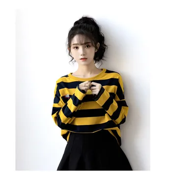 Largi, din Bumbac cu Dungi Tricou Femei Toamna anului Nou Maneca Lunga O-gât-coreean de Bază Femeie Topuri Femme Tees T-shirt pulover femei blusa