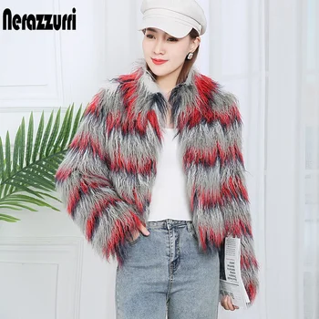 Nerazzurri Gradient scurt shaggy faux blana jacheta femei Iarna cald pufos faux blana femei maneca lunga 2021 moda coreeană