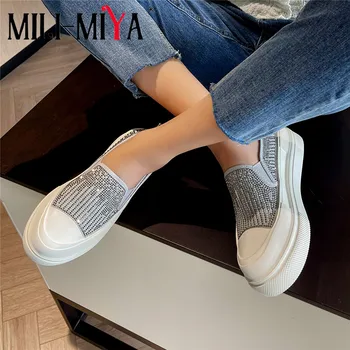 MILI-MIYA New Sosire Rotund Toe Adidasi Platforma Vulcanizat Femei Manuală a Făcut Bling Cristal Toamna Casual Plat Pista de Pantofi Gri