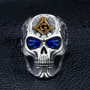 Personalitatea Stilul Punk Albastru Bijuterie de Cristal Masonice Inel de Craniu Motocicleta Francmasoneria Petrecere Motociclist Deget Inel pentru Bărbați Bijuterii