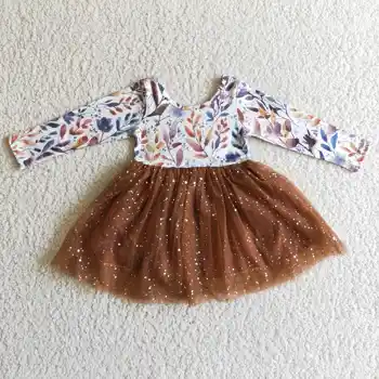 model floral fete rochie de petrecere maro voal cu maneca lunga 100% bumbac de înaltă calitate de moda toamna iarna pentru copii en-gros rochie
