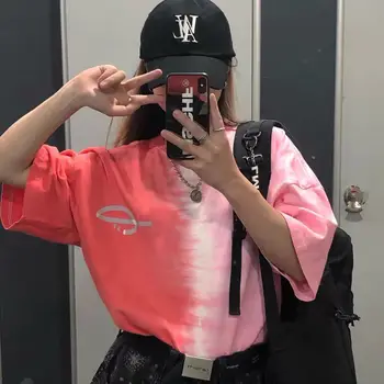 Vară cu mânecă Scurtă T-shirt Roz Jumătate Gradient Tie-dye High Street Hip-hop Vrac Stil Harajuku BF cu mânecă Scurtă Tricou Femeie