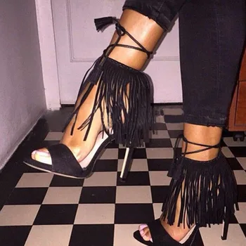 Stil Clasic, Sexy Negru Turma De Piele Sandale Sandale De Vară De Moda Franjuri Decor Dantela Sus Glezna Toc Înalt, Subțire Pantofi Rochie