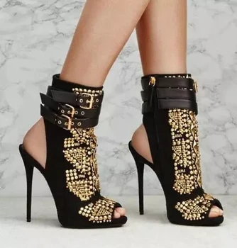 De Vânzare La Cald Nituri Împânzit Pantofi Botine De Metal Cataramă De Curea Femei Peep Toe Pantofi Cu Tocuri Înalte Gladiator Vara Glezna Cizme