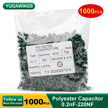 1000Pcs Yugawings Film de Poliester Condensator 100V Mylar Metalizat Condensatoare 0.22 nF-470nF 0.68 nF 2A471J 2A102J 2A152J 2A222J