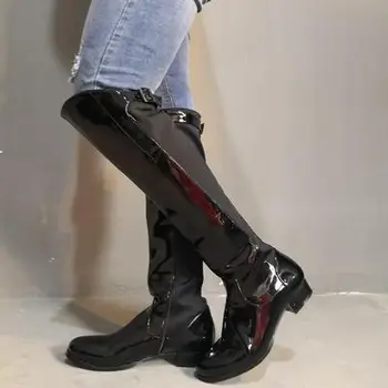 New Sosire Femei de Iarnă Genunchi Echitatie Cavaler Cizme Unisex Bloc Toc cu Fermoar Rotund Deget de la picior Negru Pantofi de Partid Femei Plus Dimensiune SUA 5-20