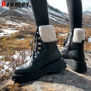 Asumer Complet Din Piele Pantofi Femei Natură Lână Zăpadă Cizme Rotund Toe Dantela-Up Casual Zip Pantofi Plat Glezna Cizme Pentru Femei