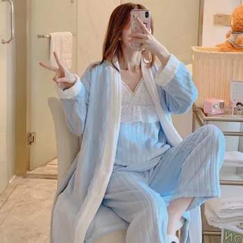 Coral Fleece Pijamale Femei Costum 3PCS Sleepwear Halat Rochie Kimono Îngroșa Cu Curea Nigthgown V-Neck Lenjerie Halat de baie Uzura Acasă