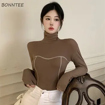 Mânecă lungă T-shirt Femei Guler Casual Chic Confortabil Simplu de Toamnă Toate-meci Mujer Camisetas de Bază coreeană Topuri