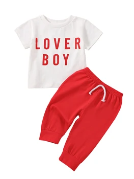 Valentine s Day Toddler Boys Tinuta de Vara Scrisoare de Imprimare cu Maneci Scurte T-shirt și Elastic Pantaloni Casual Set