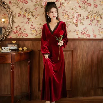 Femei cu Maneci Lungi Velur Cămașă de noapte pentru Femei de Iarnă Curtea Stil Fusta Lunga Aur Cald Catifea Pijamale Largi Dimensiune Haine de Acasă