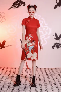 FZSLCYIYI Stil Chinezesc Imprimate Satin Elegant Mandarin Guler Maneci Scurte Qipao Doamnelor Nunta Cheongsam