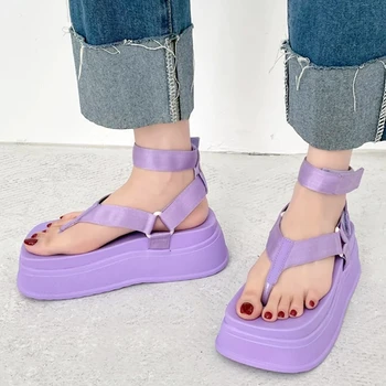 Clip Toe Sandale cu Platforma Indesata Femeie Vară 2022 Fund Gros Pene de Pantofi pentru Femei Violet Curea Glezna Gladiator Sandalias