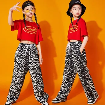 Copiii Concert Hip-Hop De Îmbrăcăminte Roșu Culturilor Topuri Tricou Streetwear Leopard Pantaloni Pentru Fete Baietii De Performanță Dans Costum De Haine