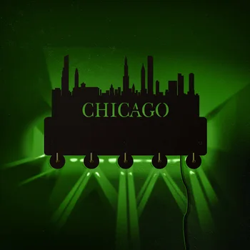 Chicago Skyline Haina Cârlige de Urbanism Windy City Cheie Cuier RGB LED iluminat de Arta de Perete Decor Acasă de la Distanță de Control de uz Casnic Cuier
