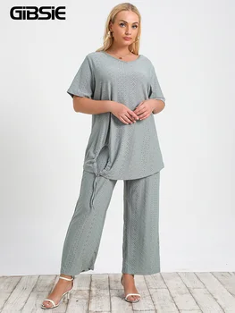 GIBSIE Plus Dimensiune Ruched Cordon O-Neck Top Cu Pantaloni de Pijama Seturi pentru Femei de Vara 2 Piese Set de Pijamale Pentru Femei Casual Pijamale