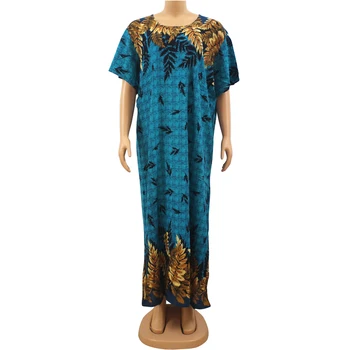 O-Gat Maneci Scurte pentru Femei de Vara Rochii Maxi cu Eșarfă Albastră Frunze de Imprimare Stil Etnic African Dashiki Rochii