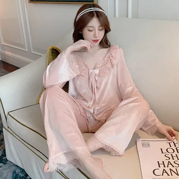Roz Dulce Printesa din Dantela Asieta Florale Pijamale Seturi de 2 BUC Velur pentru Femei Pijamale Costum Lounge Sleepwear Toamna S-XL Lung Uzura Acasă
