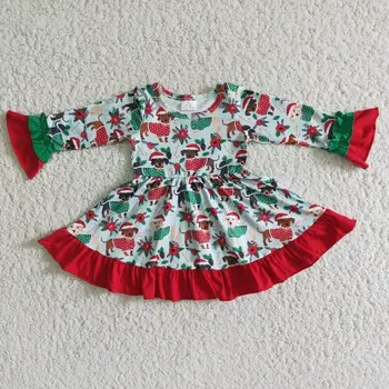 Crăciun fata copilului rochie cu maneci lungi caini model zburli manșetă din bumbac 100% de tip boutique de îmbrăcăminte pentru copii fată dress en-gros