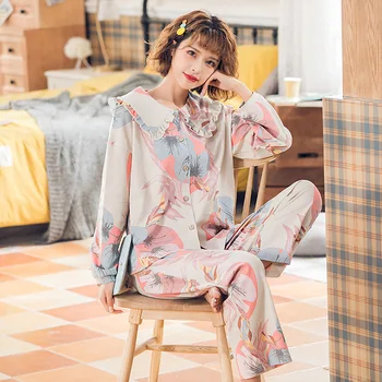 Primăvara și Toamna de Moda Doamnelor din Bumbac Tricotate Costum de Pijama Simplă Floare Mare Papusa Guler de Servicii la Domiciliu pentru Femei Mâneci Lungi