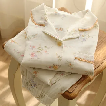 Dulce Bej Din Bumbac 100% Pijama Seturi Pentru Femei Primavara Toamna Imprimeu Floral Maneca Lunga Liber Casual Confortabil Sleepwear