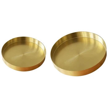 2 buc Rotund Tava de Aur,Metal Decorative Tava Machiaj Tava Organizator Pentru Vanitatea,Mat Finisaj Alama, 4.9 Inch si 7.9 Inch