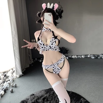 Kawaii Femei Anime Cosplay Costum Cârpă Fată Vaca Lenjerie de corp Lenjerie Sexy cu Ciorapi de Vacă Print Halloween Uniformă Bra & Pantalon