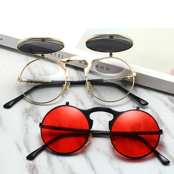 Steampunk Flip ochelari de Soare Retro de Metal Rotund Ochelari de Soare pentru Bărbați și Femei de Brand Designer de Cerc Oculos