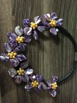 handmade mov MOP Shell & galben de Perle de Cultură de flori declarație Salopete Colier femei