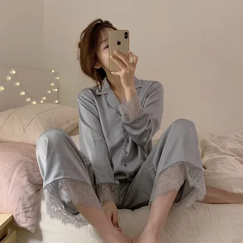 Pijamale femei culoare pură dantelă sexy pijama mujer femei costum nou stil coreean vrac serviciu acasă matasoasa costum din două piese sleepwear