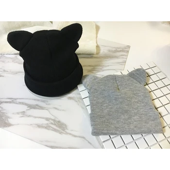 Noi Funcționare În Aer Liber Urechi De Pisică Tricotate Pălărie Amuzant Minunat Sport De Iarnă Caldă Beanie Hat Pentru Femei Lână Capac Pălărie Gri Negru