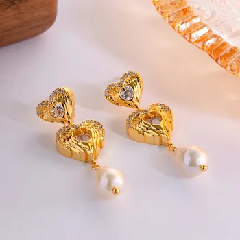 Moda Temperament Inlay Zircon Inima de apă Dulce Pearl Pandantiv Earrings18k Aur PVD Placat cu Bijuterii Elegante pentru Femei