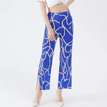 21 de primăvară nou high-talie direct pantaloni femei Miyake cutat de înaltă calitate imprimate split casual subțire sc folda mare elastic pantaloni