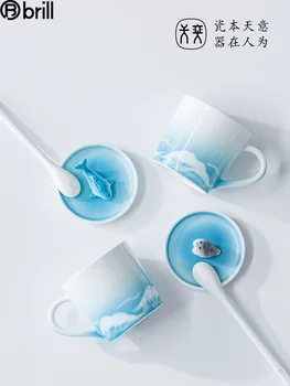 Chineză Gradient Cana Albastru Creative Cana de Ceramica pentru Cuplu cu Capac cu Lingura Taza Cuplu de Prieteni Cadou Cana Cani Drăguț 60