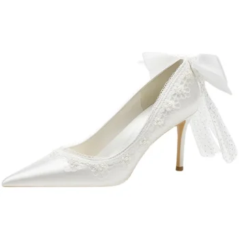 Primăvara nou satin alb a subliniat mireasa nunta pantofi stiletto cu toc, rochie de petrecere sălbatică blând panglică arc femei singure pantofi