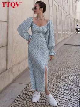 TTQV Moda Albastru de Imprimare Rochii pentru Femei 2023 Elegant cu Maneci Lungi V-neck Rochii Casual Partea de Fantă Glezna-lungime Rochie de Streetwear