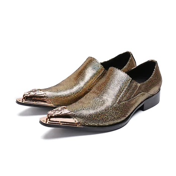 Oamenii de Afaceri Casual Deget de Metal de Aur Pantofi din Piele Subliniat Toe Slip-on Petrecere/Nunta Stil Britanic Barbati Pantofi