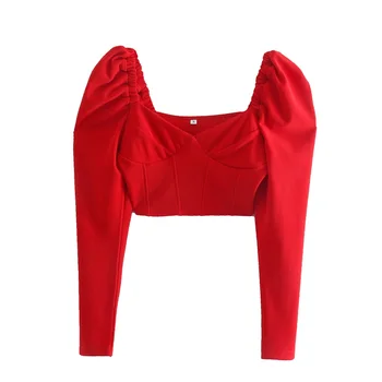 MESTTRAF franceză Design Sexy Rosu Dotat Culturilor Tricouri Bluze cu Spatele gol Retro Dragă Gât Manșon de Puf Femei Bustiera Topuri