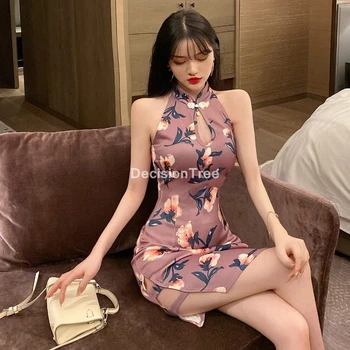 2022 doamna stil chinezesc partid rochie de bal satin mandarin guler scurt qipao sexy de imprimare de flori cheongsam vestidos rochie chinez