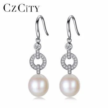 CZCITY Brand Argint 925 10mm Legăna Perla Picătură Cercei pentru Femeile cu Zircon Cubic Nunta Pearl Cercei bijuterii Fine