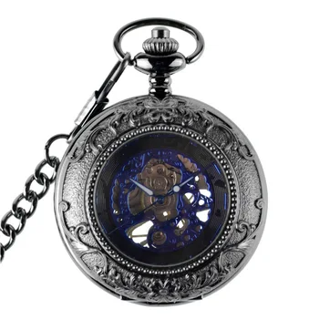 Antic Schelet Ceas de Buzunar Mecanic Mână Vântul Buzunar & Fob Ceasuri Otel Negru pentru Bărbați Ceasuri Pandantiv Cadou de Ziua Tatălui